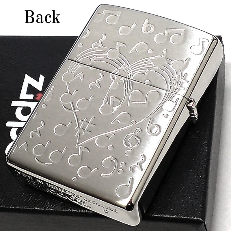 ZIPPO ライター 楽器 フルート メタル ジッポロゴ 可愛い シルバー 両面加工 ハート 音符 ホワイトニッケル かわいい 銀 おしゃれ メンズ レディース プレゼント ギフト