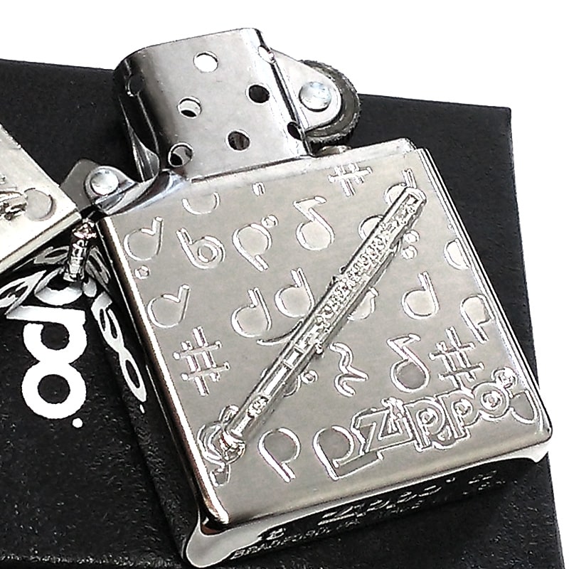 ZIPPO ライター 楽器 フルート メタル ジッポロゴ 可愛い シルバー 両面加工 ハート 音符 ホワイトニッケル かわいい 銀 おしゃれ メンズ レディース プレゼント ギフト
