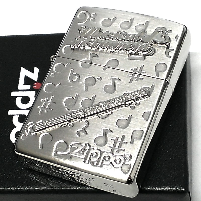 ZIPPO ライター 楽器 フルート メタル ジッポロゴ 可愛い シルバー 両面加工 ハート 音符 ホワイトニッケル かわいい 銀 おしゃれ メンズ レディース プレゼント ギフト