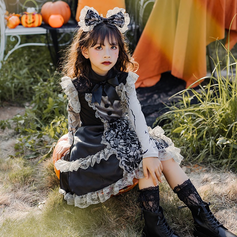 ハロウィンコスチューム 子供用 ロリータ レースドレス ダーク ゴシック 魔女 女の子 ロリータ メイド