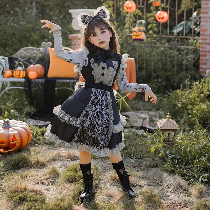 ハロウィンコスチューム 子供用 ロリータ レースドレス ダーク ゴシック 魔女 女の子 ロリータ メイド