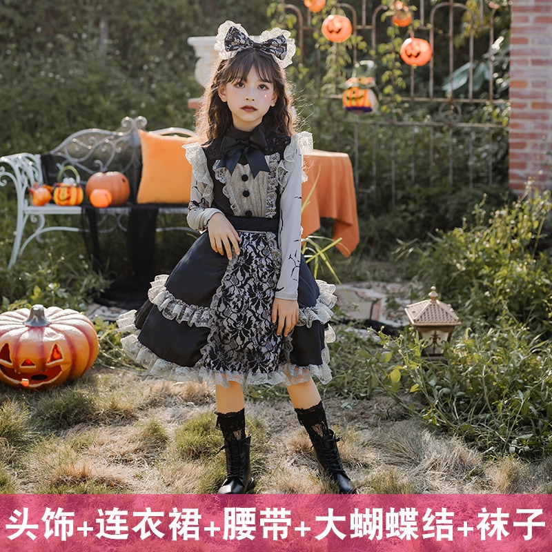 ハロウィンコスチューム 子供用 ロリータ レースドレス ダーク ゴシック 魔女 女の子 ロリータ メイド