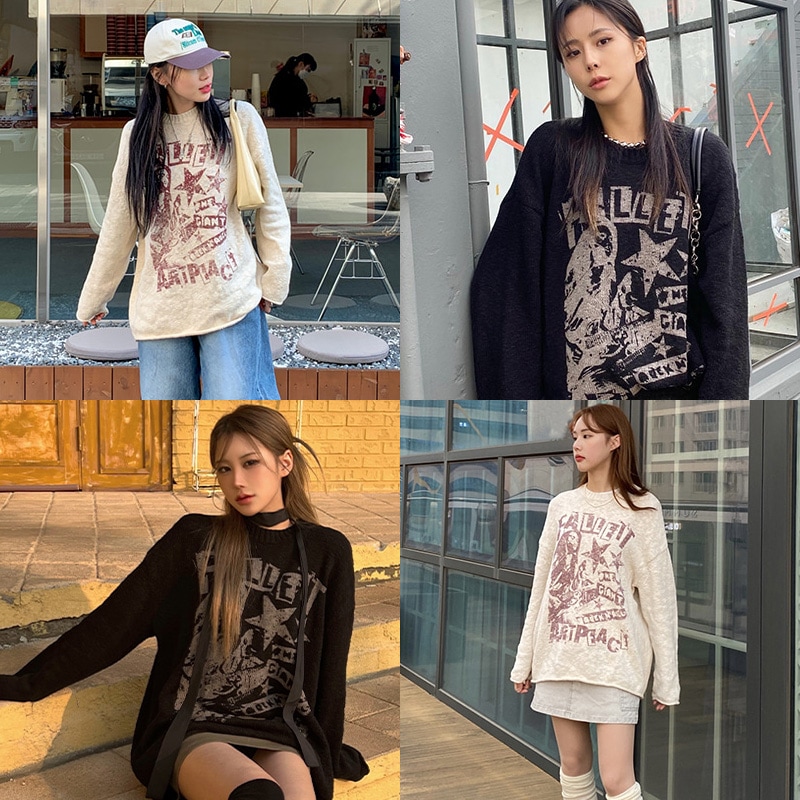 [MAMAMOO フィイン 着用] ROCK BAND KNIT 韓国 アイドル 長袖 レディース メンズ 大きいサイズ ゆったり 秋 冬