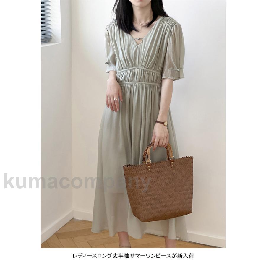 ワンピース ロング 夏 半袖 ギャザーワンピース レディース ロングワンピ マキシ丈 Vネック レトロ 半袖ワンピース ハイウエスト プレゼント