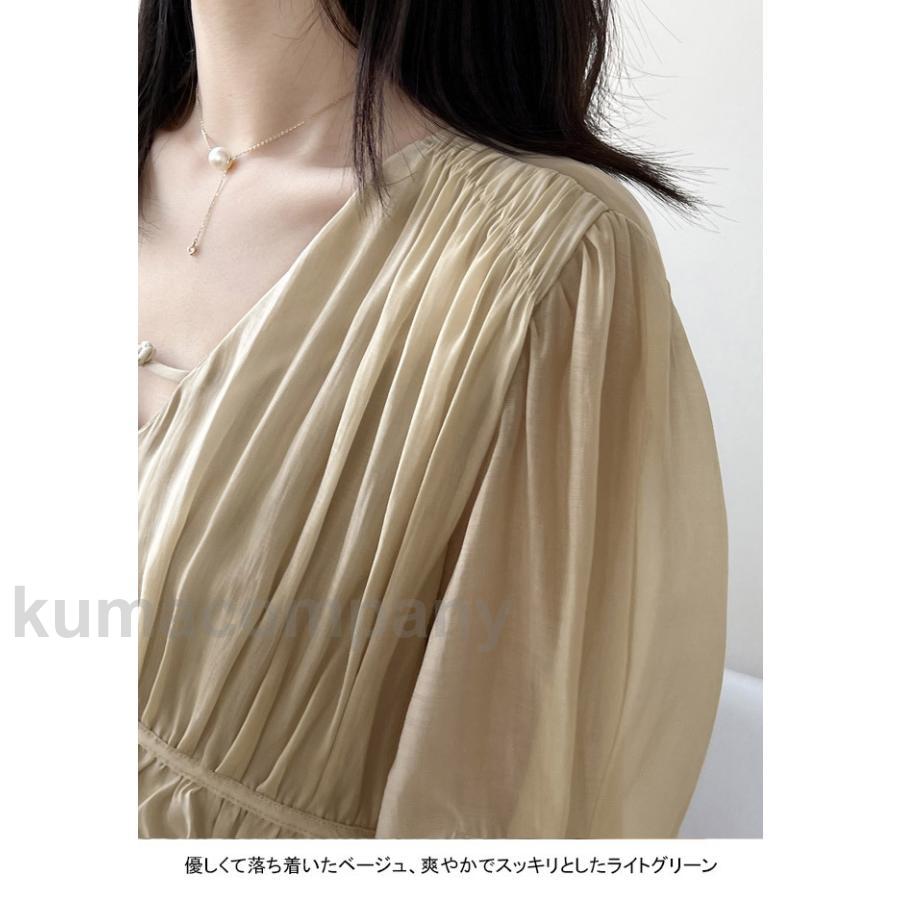 ワンピース ロング 夏 半袖 ギャザーワンピース レディース ロングワンピ マキシ丈 Vネック レトロ 半袖ワンピース ハイウエスト プレゼント