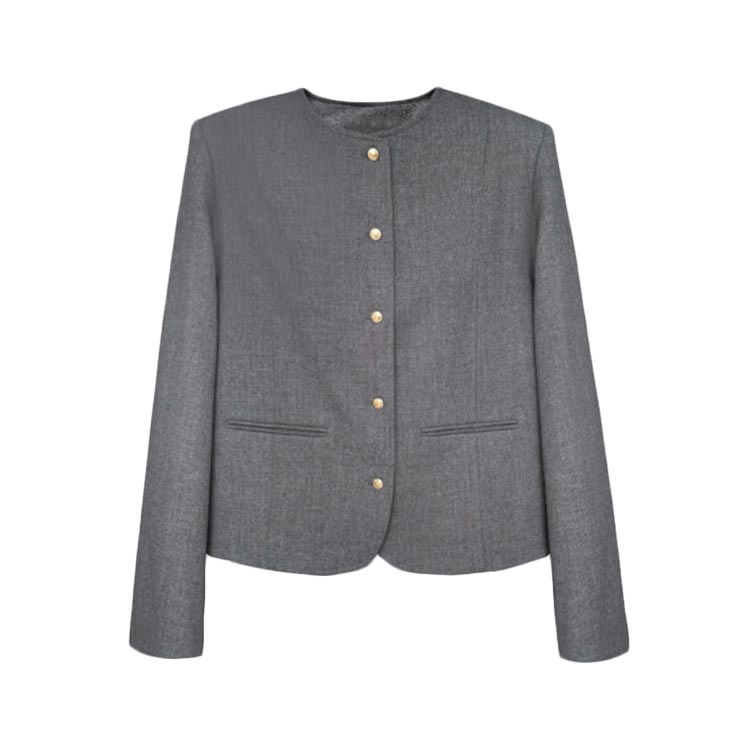 ノーカラージャケットスーツ生地レディースジャケットノーカラーショート丈羽織りアウターゴールドボタン玉縁ポケット秋ジャケット秋アウター裏地付き上品韓国大人エレガントきれいめ通勤オフィスカジュアル