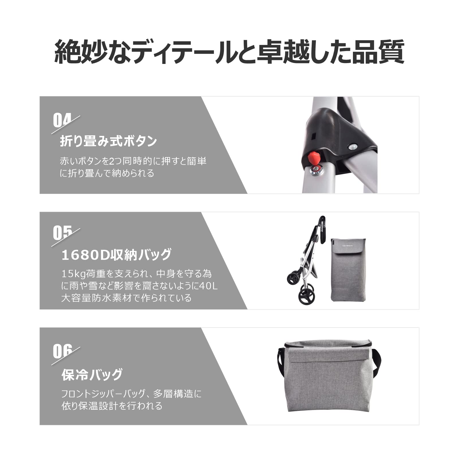 Care-parents ショッピングカート 4輪 ハンドル180度調整 折り畳み 軽量 大容量 キャリーカート 耐荷重15KG 保温保冷 40L 1680D ナイロン 買い物かご付 10L 保冷袋付