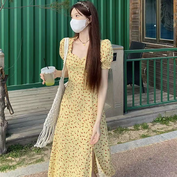 花柄 ワンピース イエロー もろう