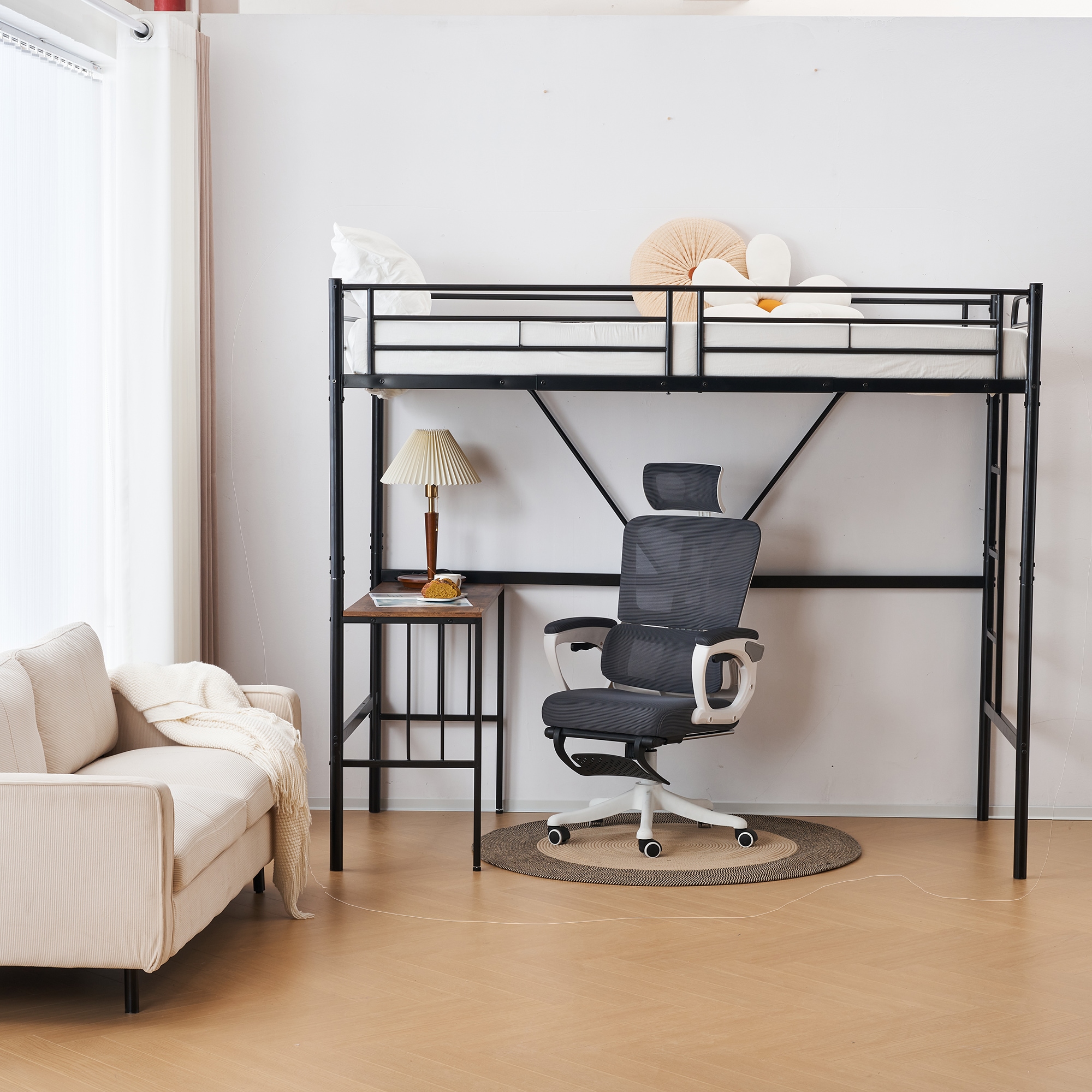 ホワイトロフトベッド パイプベッド シングル 木 収納 北欧風 子供部屋 スチール 耐震 ベッド SDG