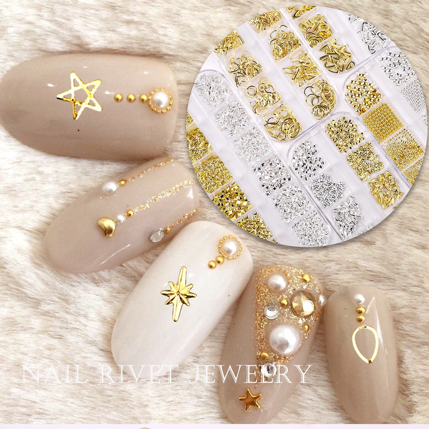【10点セット】5+1 10+2 15+3景品 ネイルパーツネイルアクセサリー星月メタルリベット透かし彫りハートリボン12コマ入りミックス