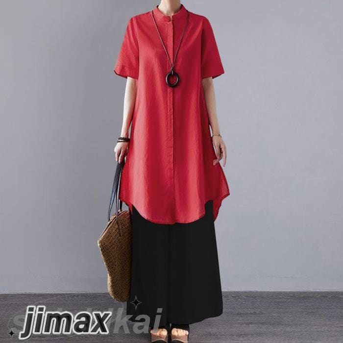 ブラウス チュニック 長ズボン セットアップ レディース カジュアル 夏 綿麻混 バンドカラー ロングシャツ ワイドパンツ 半袖 ゆったり 薄手 大人 春夏秋 体型カバー カジュアル 大きいサイズ 無