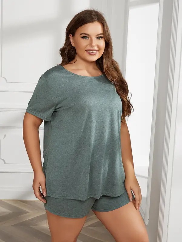 納期3週間程：女性用の伸縮性のあるパジャマセット,無地のTシャツとショーツ,家庭用のトップスとパンツ,大きいサイズ