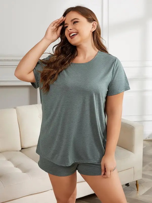 納期3週間程：女性用の伸縮性のあるパジャマセット,無地のTシャツとショーツ,家庭用のトップスとパンツ,大きいサイズ