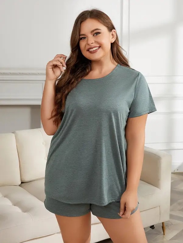 納期3週間程：女性用の伸縮性のあるパジャマセット,無地のTシャツとショーツ,家庭用のトップスとパンツ,大きいサイズ