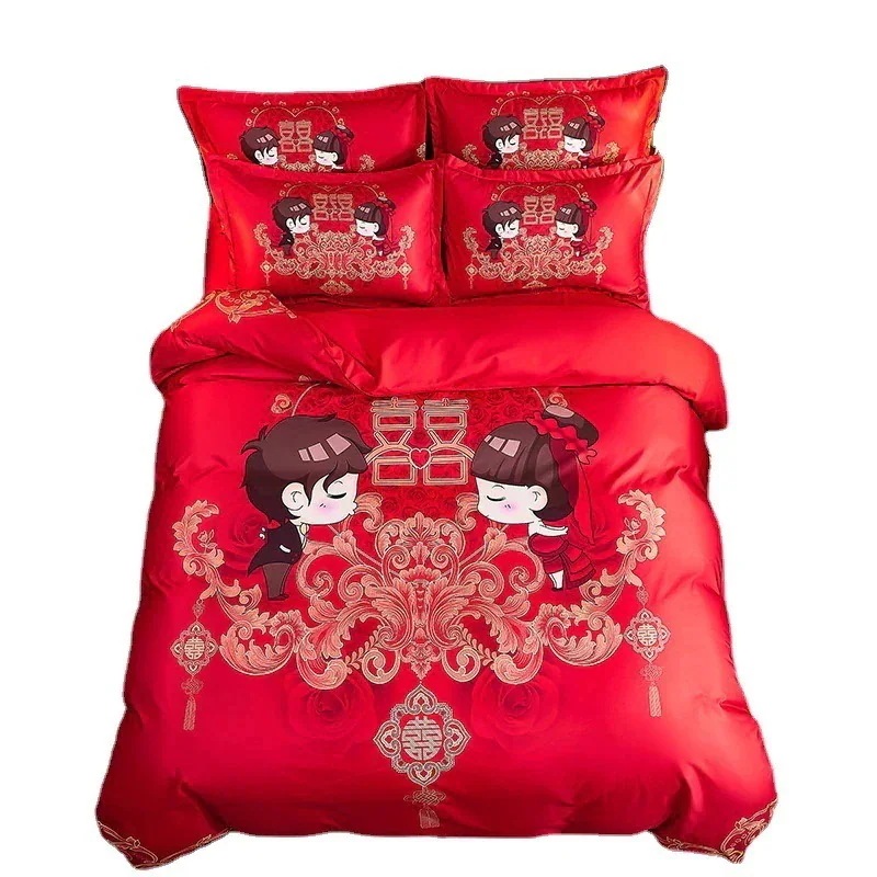 今の流行シンプルな結婚式赤大柄キルトカバーシートスタイル 4 点セット新婚キルト寝具 今の流行シンプルな結婚式赤大柄キルトカバーシートスタイル 4 点セット新婚キルト寝具