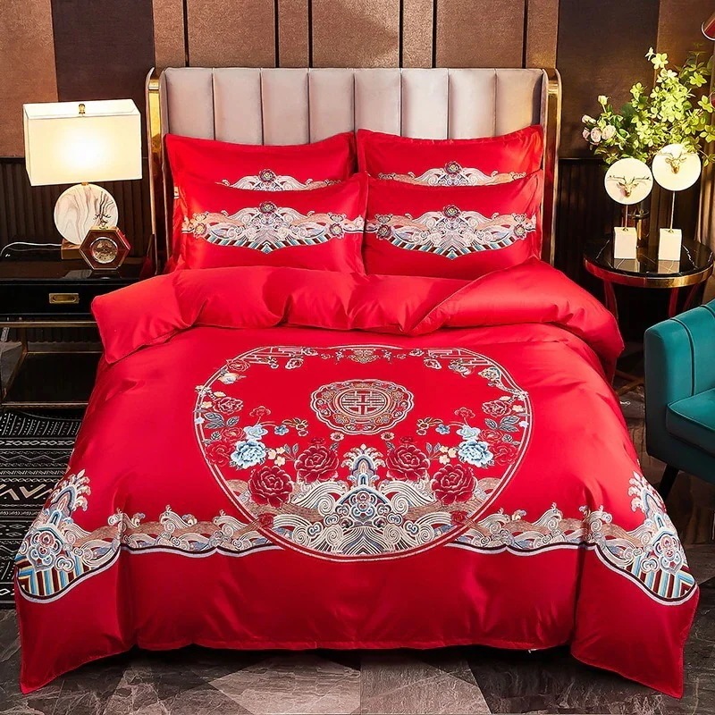 今の流行シンプルな結婚式赤大柄キルトカバーシートスタイル 4 点セット新婚キルト寝具 今の流行シンプルな結婚式赤大柄キルトカバーシートスタイル 4 点セット新婚キルト寝具