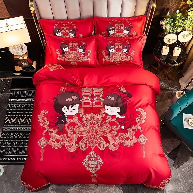 今の流行シンプルな結婚式赤大柄キルトカバーシートスタイル 4 点セット新婚キルト寝具 今の流行シンプルな結婚式赤大柄キルトカバーシートスタイル 4 点セット新婚キルト寝具