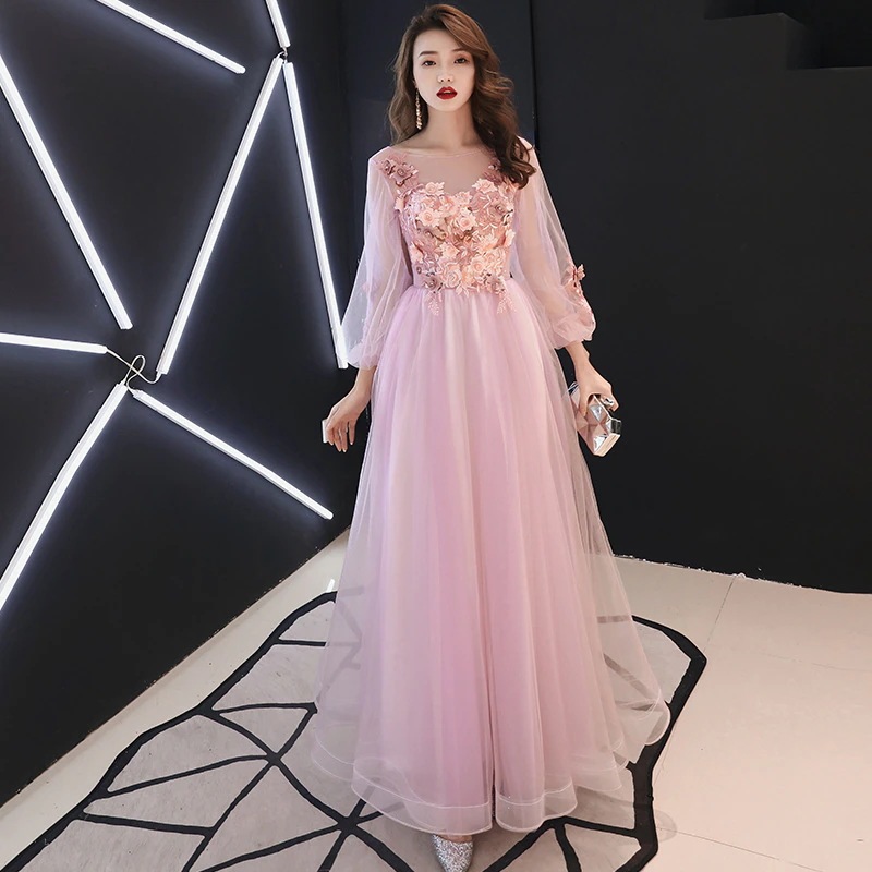 バンケットドレス2024夏凛々しく上品なロングスリム長袖音大生美術試験ドレス