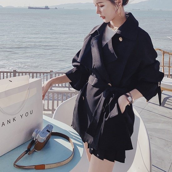 【取寄：納期2週間】トレンチコート ショートコート レディース 韓国 ファッション スプリングコート ジャケット ベルト ダブルボタン 春秋 アウター ジャケット ロング 金ボタン ダブル
