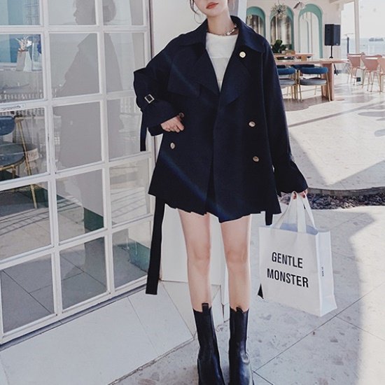 【取寄：納期2週間】トレンチコート ショートコート レディース 韓国 ファッション スプリングコート ジャケット ベルト ダブルボタン 春秋 アウター ジャケット ロング 金ボタン ダブル