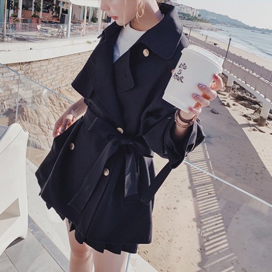 【取寄：納期2週間】トレンチコート ショートコート レディース 韓国 ファッション スプリングコート ジャケット ベルト ダブルボタン 春秋 アウター ジャケット ロング 金ボタン ダブル