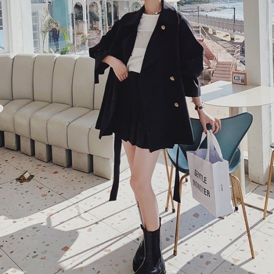 【取寄：納期2週間】トレンチコート ショートコート レディース 韓国 ファッション スプリングコート ジャケット ベルト ダブルボタン 春秋 アウター ジャケット ロング 金ボタン ダブル