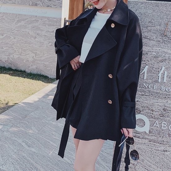 【取寄：納期2週間】トレンチコート ショートコート レディース 韓国 ファッション スプリングコート ジャケット ベルト ダブルボタン 春秋 アウター ジャケット ロング 金ボタン ダブル