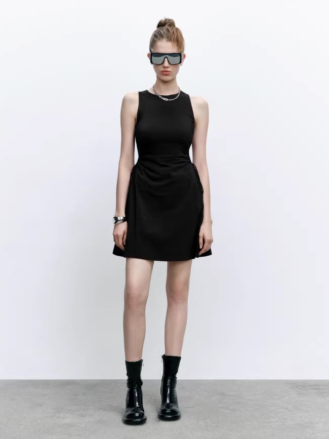 夏 女性 レトロ スタイル ベルト ウエスト ノースリーブ 宝物 ドレス 個性的 ワンピース ミニ ミニ丈 ショート ショート丈 袖なし ノースリーブ 襟なし きれいめ シンプル 大人 上品