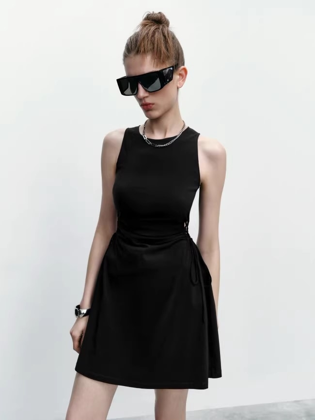 夏 女性 レトロ スタイル ベルト ウエスト ノースリーブ 宝物 ドレス 個性的 ワンピース ミニ ミニ丈 ショート ショート丈 袖なし ノースリーブ 襟なし きれいめ シンプル 大人 上品