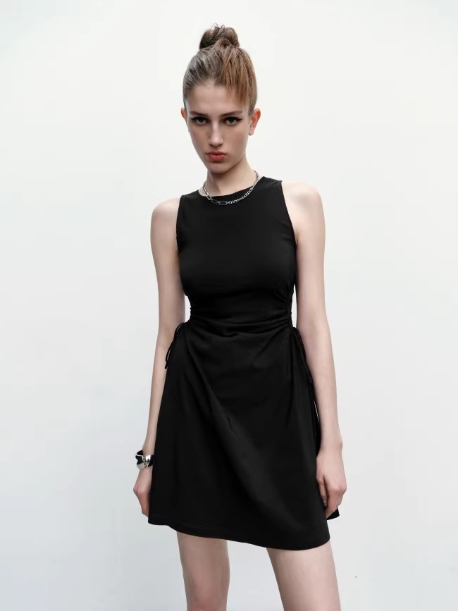 夏 女性 レトロ スタイル ベルト ウエスト ノースリーブ 宝物 ドレス 個性的 ワンピース ミニ ミニ丈 ショート ショート丈 袖なし ノースリーブ 襟なし きれいめ シンプル 大人 上品