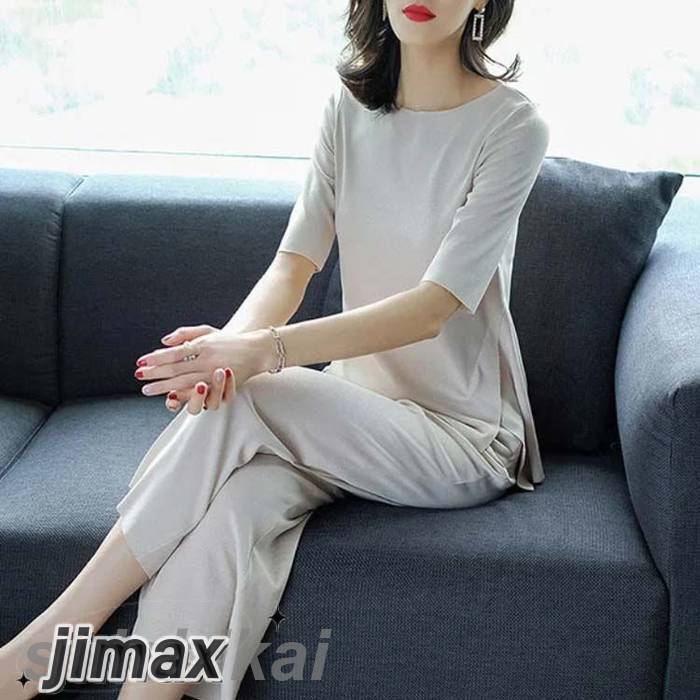 ニット セットアップ 半袖 セレモニー 母 スーツ サイドスリット フォーマル Uネック ワイドパンツ ストレッチ 韓国風 スーツママ レディース 5分袖 五分袖 卒業式 入学式 結婚式 ブラック 黒