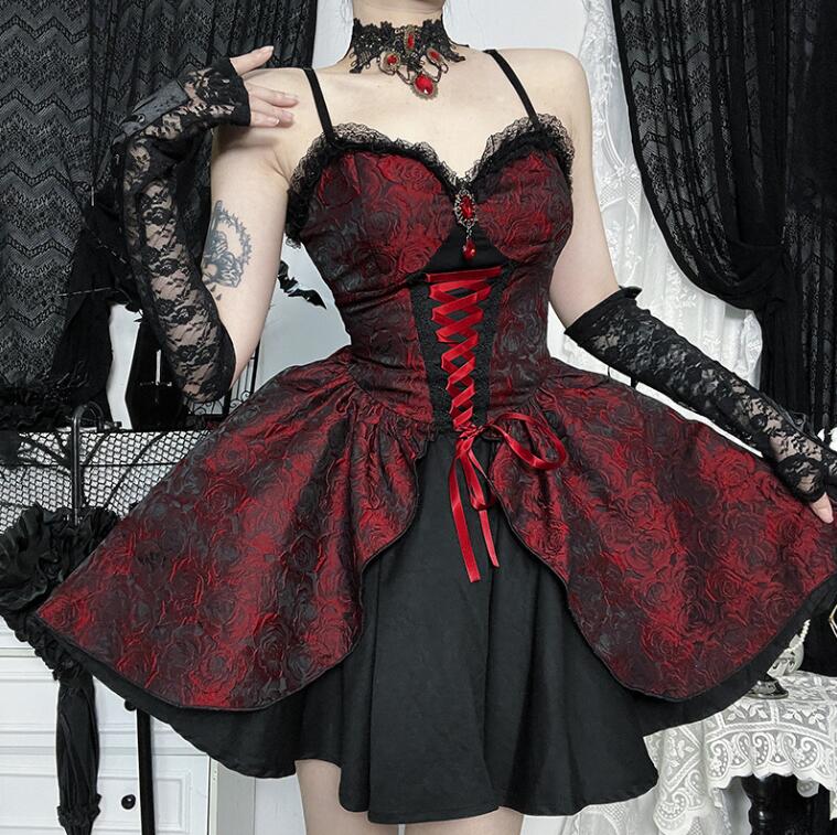 レディース ハロウィン コスプレ衣装 女性 ゴシック 暗黒風 キャミソール ワンピース ジャカード花柄 ドレス レース袖ボレロ 変身仮装 魔女 悪魔 吸血鬼 コスチューム オペラ 演出服