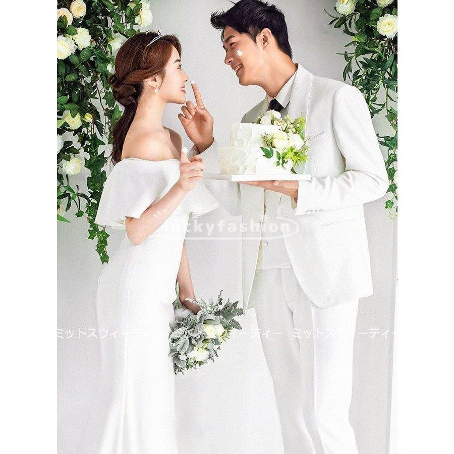 ウェディングドレス白スレンダードレスウエディングドレス二次会花嫁パーティードレス披露宴ブライダル結婚式ロングドレス演奏会オフショルダー