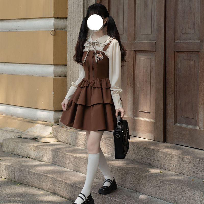 春の長袖カレッジスタイルバックセットスリムブラウン コスプレ コスプレ セクシー ワンピース 韓国 ワンピース ロングワンピース