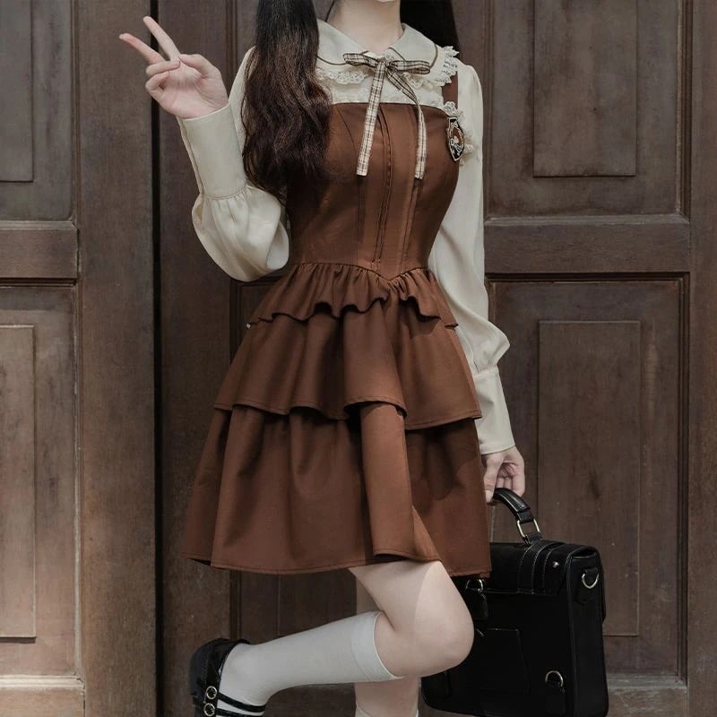 春の長袖カレッジスタイルバックセットスリムブラウン コスプレ コスプレ セクシー ワンピース 韓国 ワンピース ロングワンピース