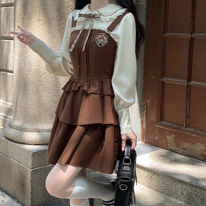 春の長袖カレッジスタイルバックセットスリムブラウン コスプレ コスプレ セクシー ワンピース 韓国 ワンピース ロングワンピース