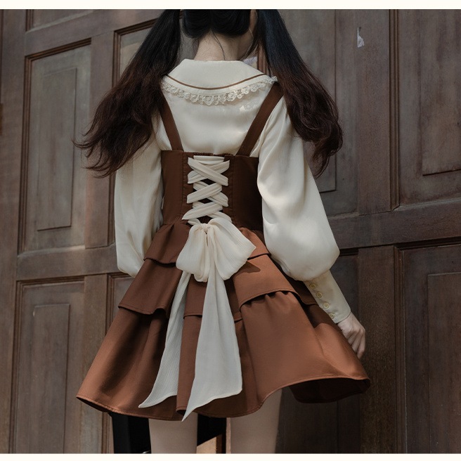 春の長袖カレッジスタイルバックセットスリムブラウン コスプレ コスプレ セクシー ワンピース 韓国 ワンピース ロングワンピース