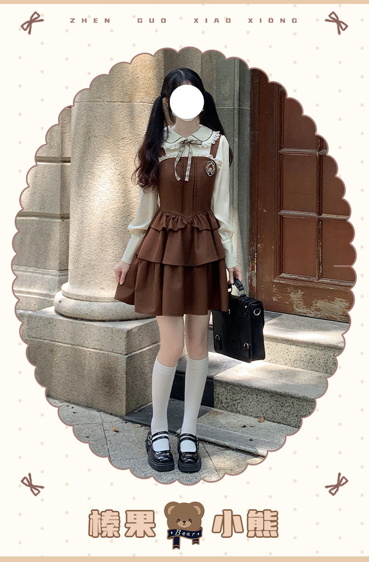 春の長袖カレッジスタイルバックセットスリムブラウン コスプレ コスプレ セクシー ワンピース 韓国 ワンピース ロングワンピース