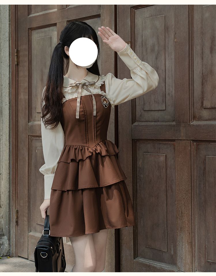 春の長袖カレッジスタイルバックセットスリムブラウン コスプレ コスプレ セクシー ワンピース 韓国 ワンピース ロングワンピース