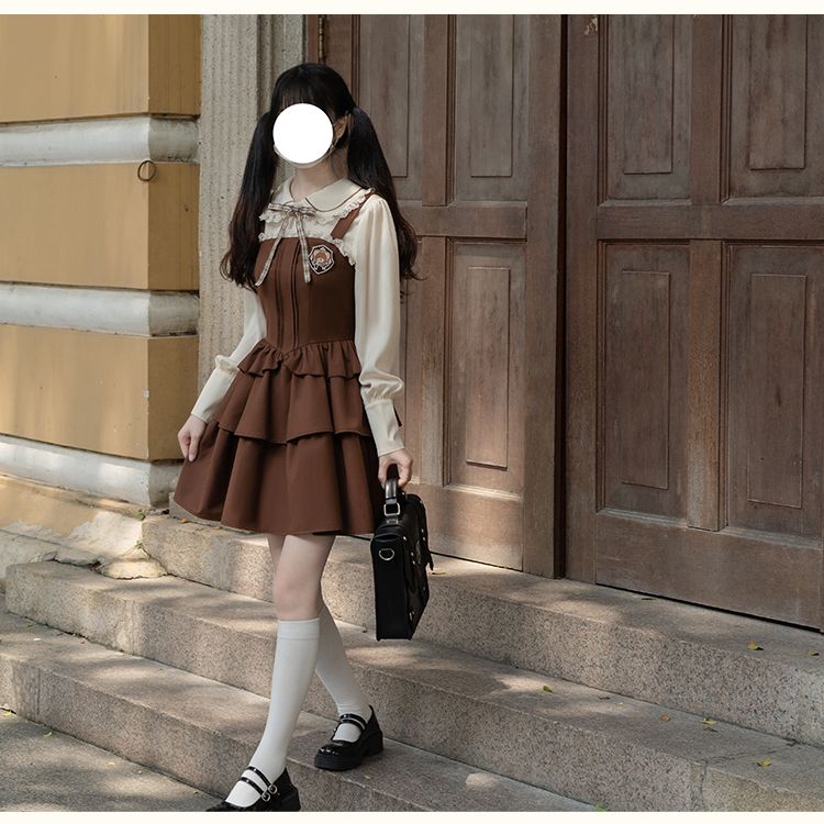 春の長袖カレッジスタイルバックセットスリムブラウン コスプレ コスプレ セクシー ワンピース 韓国 ワンピース ロングワンピース