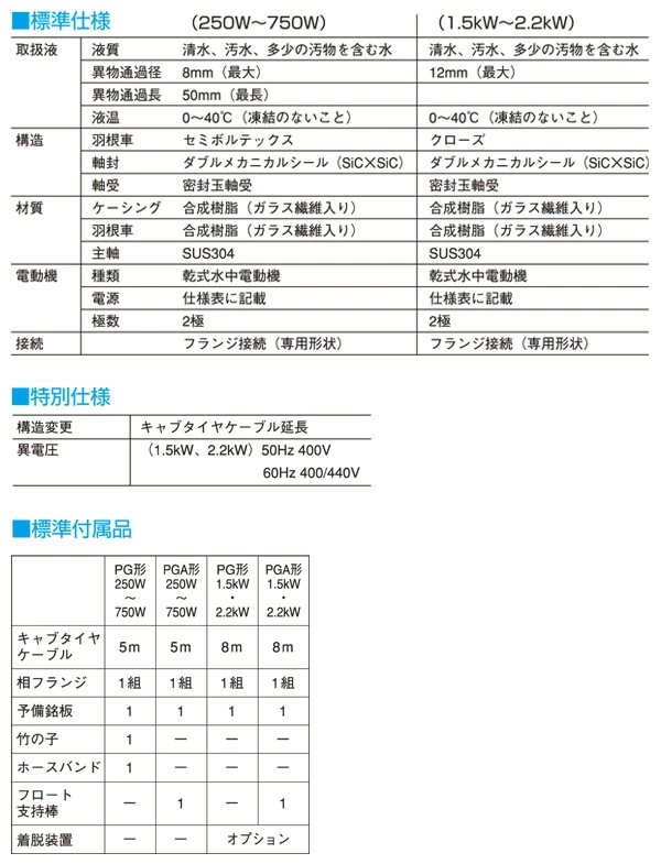 ステンレス製 汚水用水中ポンプ PG-400