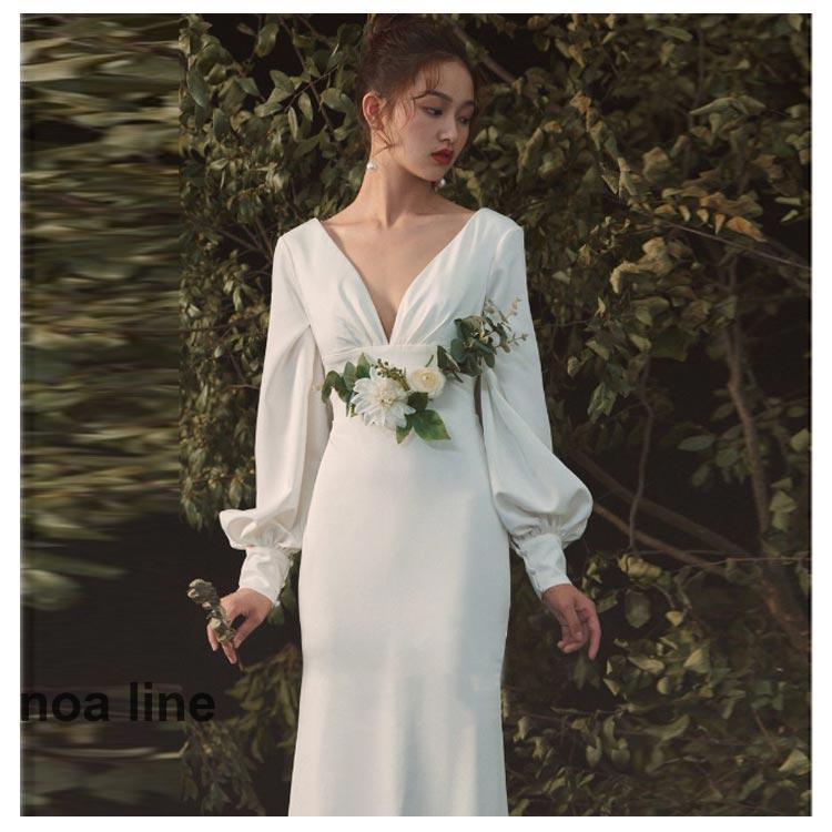 ウェディングドレス マーメイドライン ボリューム袖 ファスナータイプ 花嫁ドレス 袖あり 長袖 Vネック 背中開き 前撮りドレス 高級感 演奏会 二次