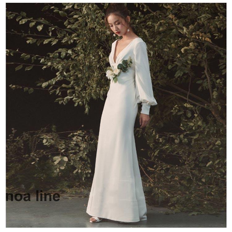 ウェディングドレス マーメイドライン ボリューム袖 ファスナータイプ 花嫁ドレス 袖あり 長袖 Vネック 背中開き 前撮りドレス 高級感 演奏会 二次