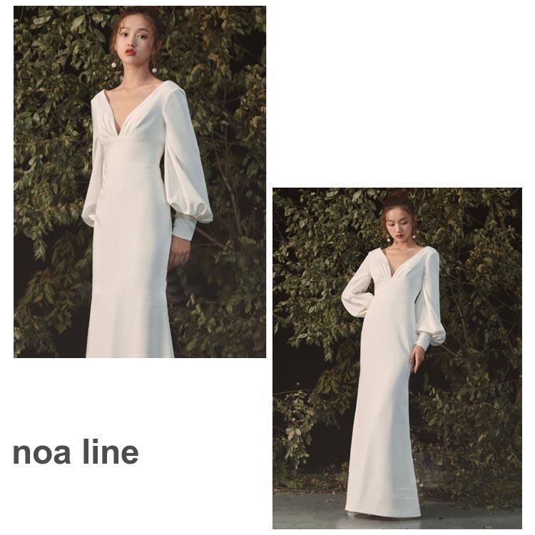 ウェディングドレス マーメイドライン ボリューム袖 ファスナータイプ 花嫁ドレス 袖あり 長袖 Vネック 背中開き 前撮りドレス 高級感 演奏会 二次