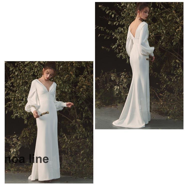 ウェディングドレス マーメイドライン ボリューム袖 ファスナータイプ 花嫁ドレス 袖あり 長袖 Vネック 背中開き 前撮りドレス 高級感 演奏会 二次