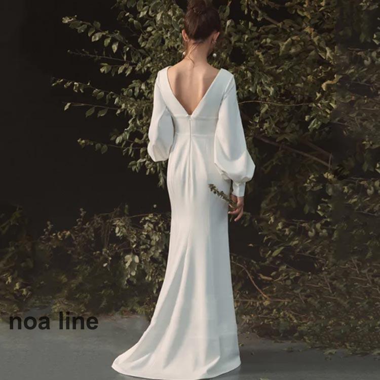 ウェディングドレス マーメイドライン ボリューム袖 ファスナータイプ 花嫁ドレス 袖あり 長袖 Vネック 背中開き 前撮りドレス 高級感 演奏会 二次