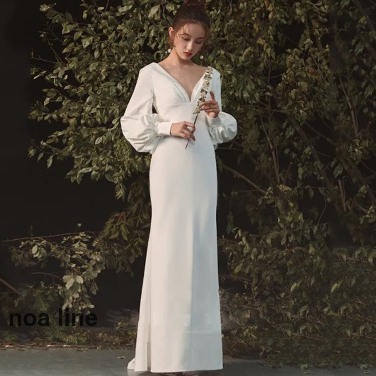 ウェディングドレス マーメイドライン ボリューム袖 ファスナータイプ 花嫁ドレス 袖あり 長袖 Vネック 背中開き 前撮りドレス 高級感 演奏会 二次