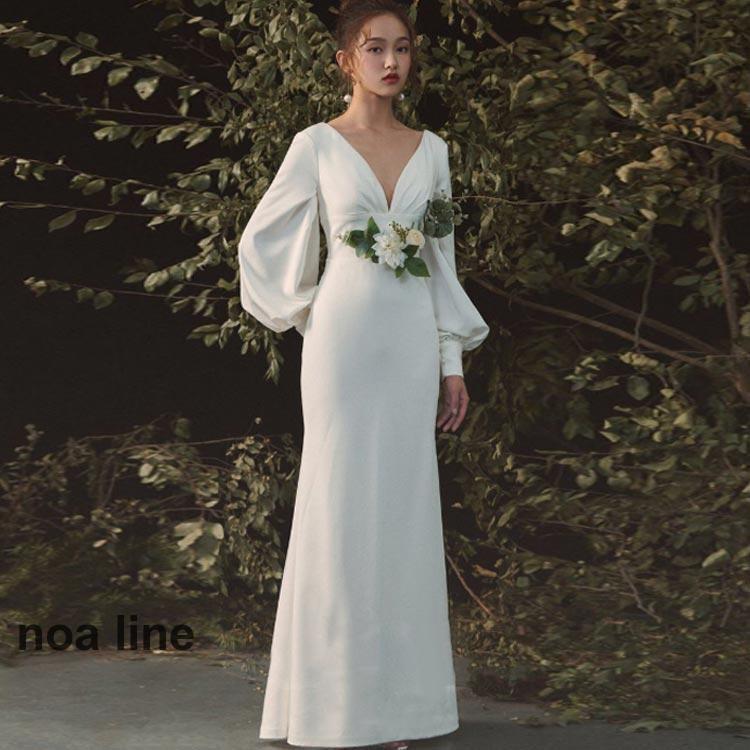 ウェディングドレス マーメイドライン ボリューム袖 ファスナータイプ 花嫁ドレス 袖あり 長袖 Vネック 背中開き 前撮りドレス 高級感 演奏会 二次