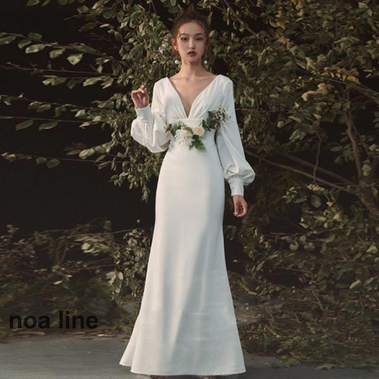 ウェディングドレス マーメイドライン ボリューム袖 ファスナータイプ 花嫁ドレス 袖あり 長袖 Vネック 背中開き 前撮りドレス 高級感 演奏会 二次