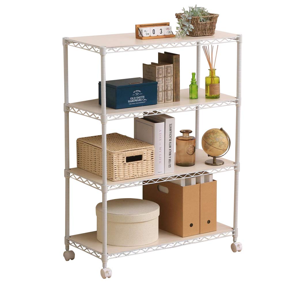 アイリスオーヤマ カラーラック メタルラック 4段 ホワイト ウッドボード付き キャスター付き 防サビ加工 幅75×奥行35×高さ103cm ポール径19mm スチールラック サビに強い 本体 CMM